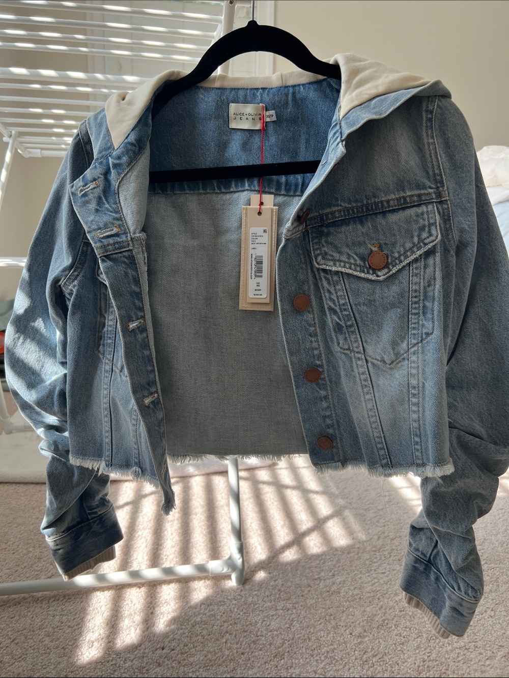 Alice + Olivia Chambray Cropped Denim Jacket with Cream Hood